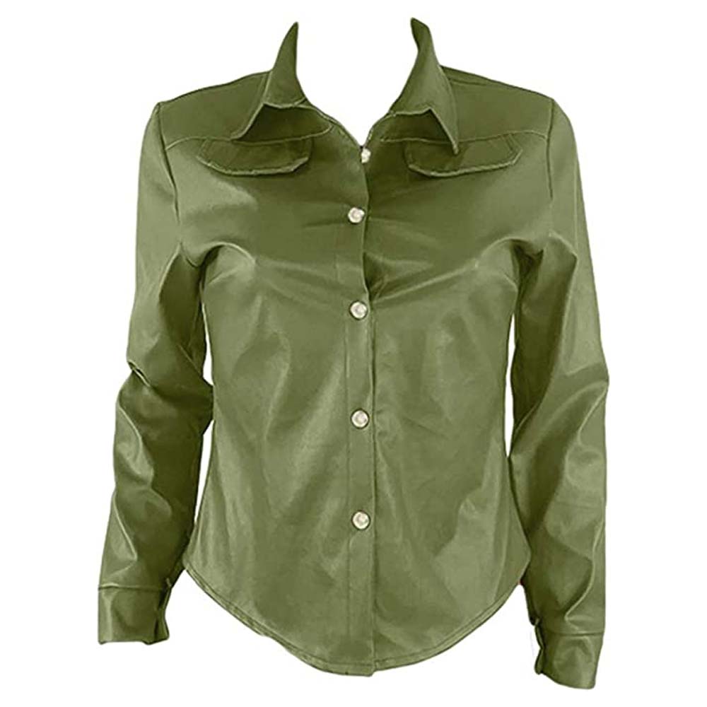 Womens Red Long Sleeve Single Button Leather Shirt