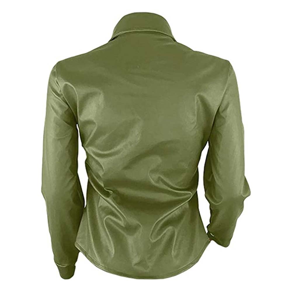 Womens Red Long Sleeve Single Button Leather Shirt