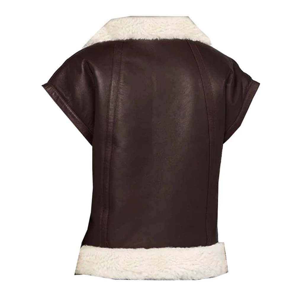 Womens White Fur Shearling Leather Brown Vest
