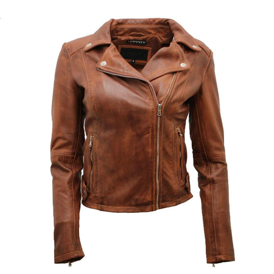 Ladies Tan Vintage Leather Biker Jacket
