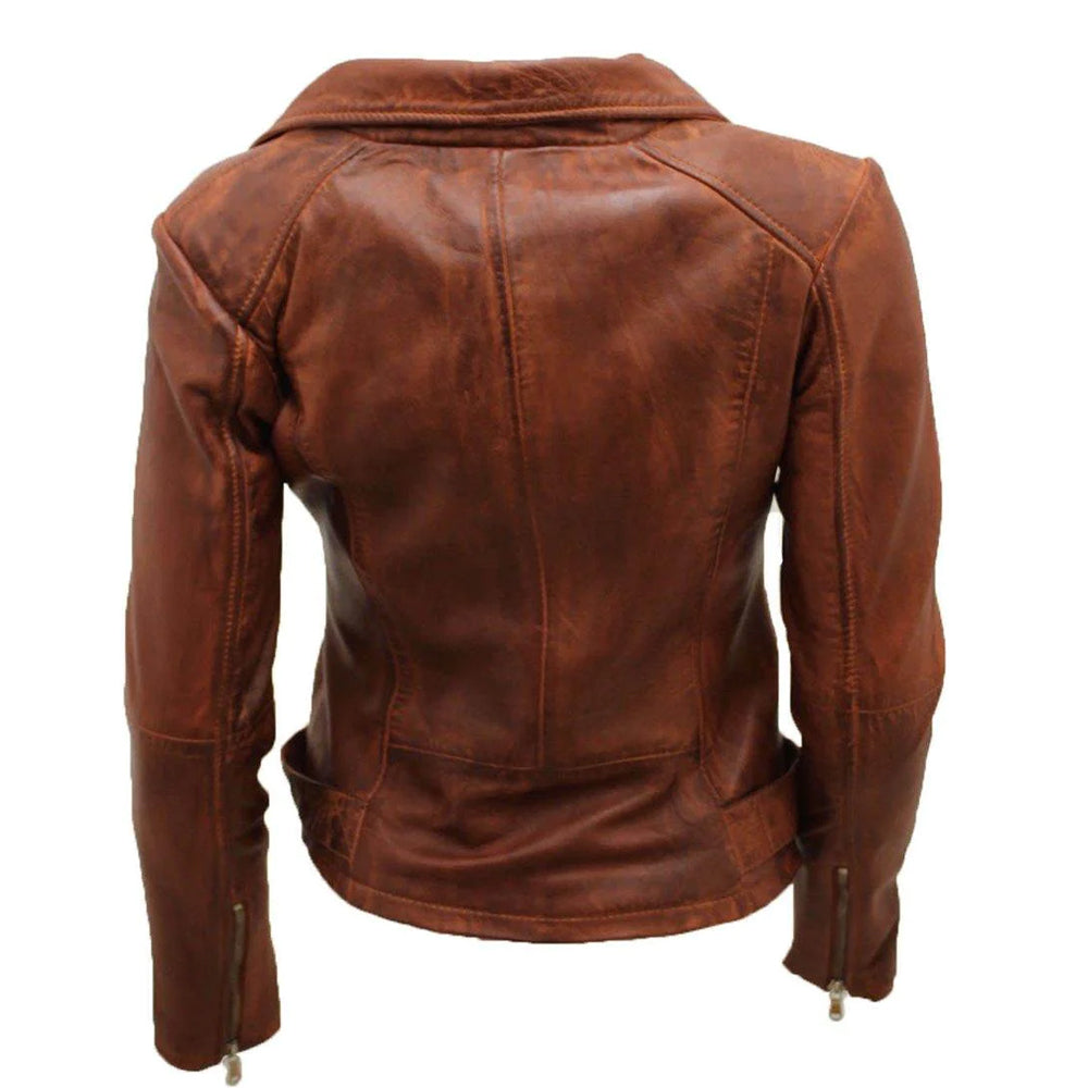 Ladies Tan Vintage Leather Biker Jacket