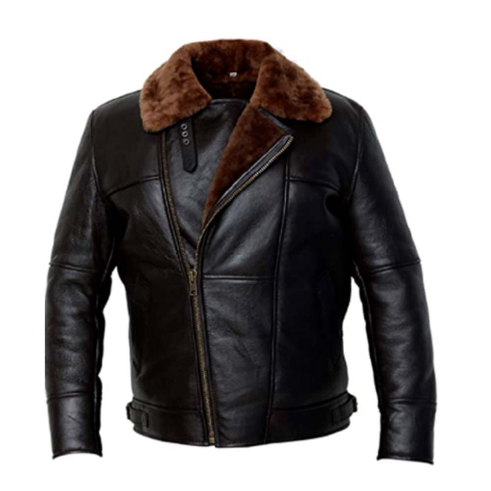 Mens Cross Zip B3 Bomber Real Shearling Brown Sheepskin Leather Jacket