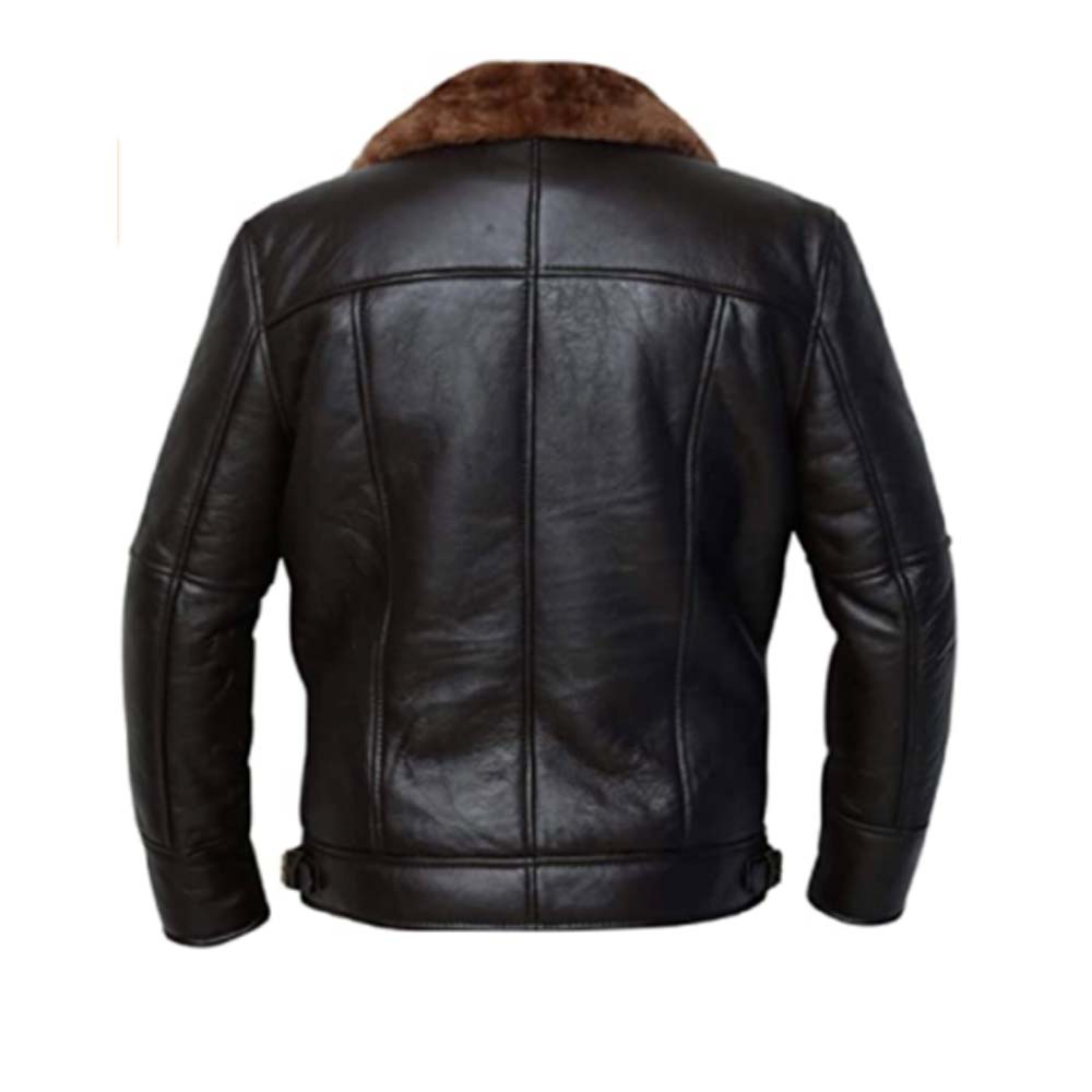 Mens Cross Zip B3 Bomber Real Shearling Brown Sheepskin Leather Jacket