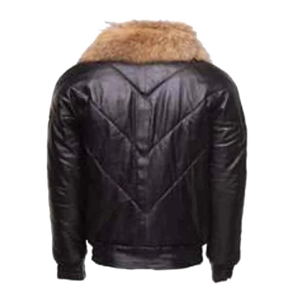 Mens Black V-Bomber Style Puffer Winter Leather Jacket With Fur Collar
