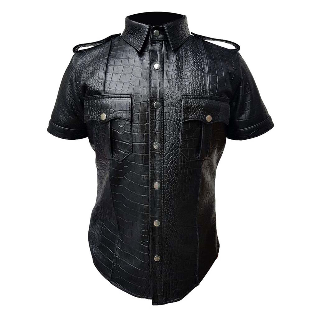 Mens Black Police Uniform Style Leather Shirt