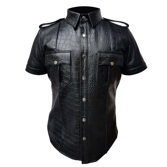 Mens Black Police Uniform Style Leather Shirt
