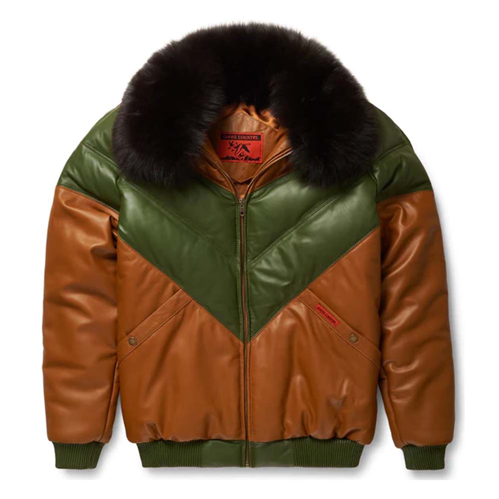 Mens Brown & Green Leather V-Bomber Jacket
