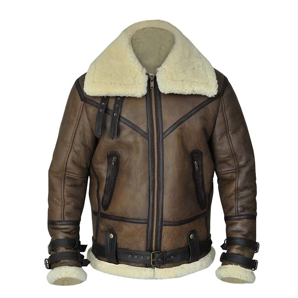Mens Distress Brown Aviator B3 Bomber Real Shearling Jacket