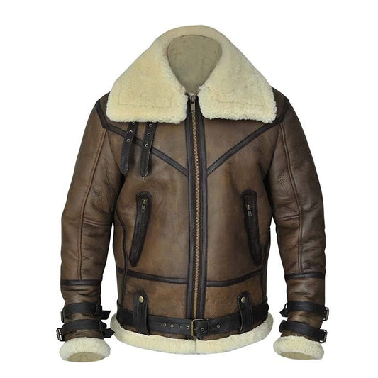 Mens Distress Brown Aviator B3 Bomber Real Shearling Jacket