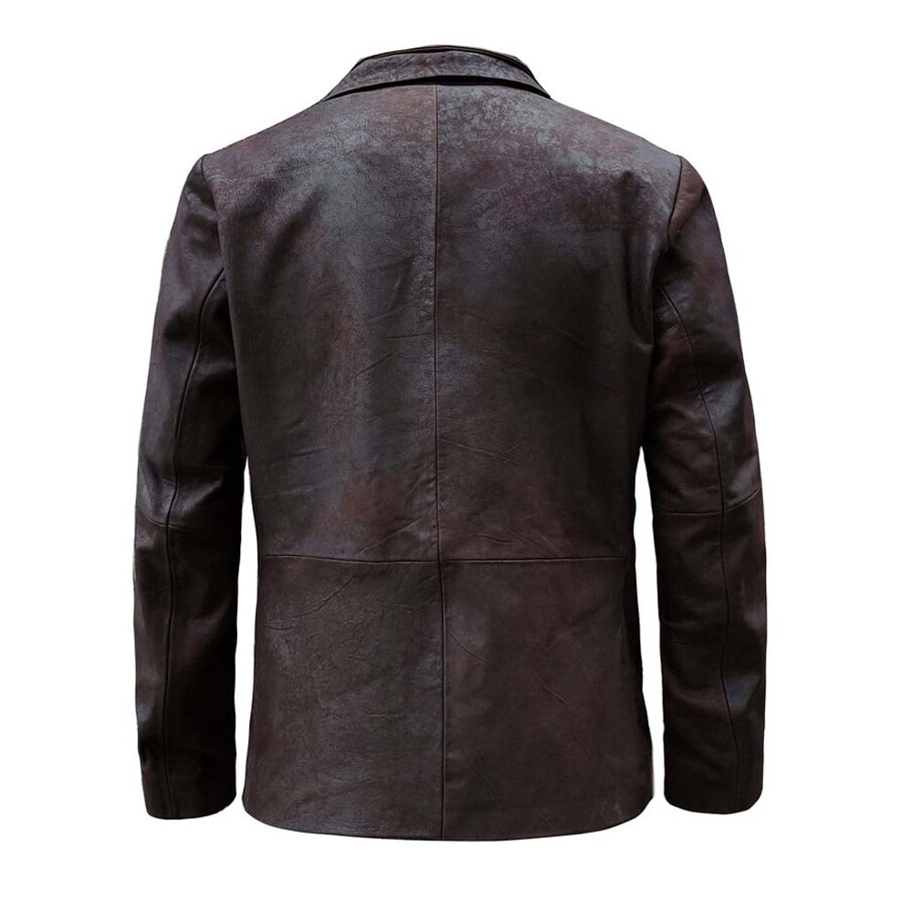 Men Double Breasted Lapel Collar Leather Blazer