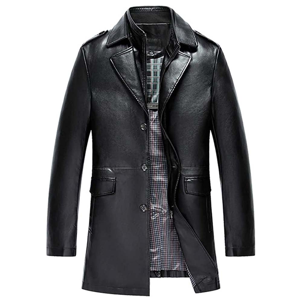 Mens Breasted Sheepskin Winter Casual Trench Leather Coat