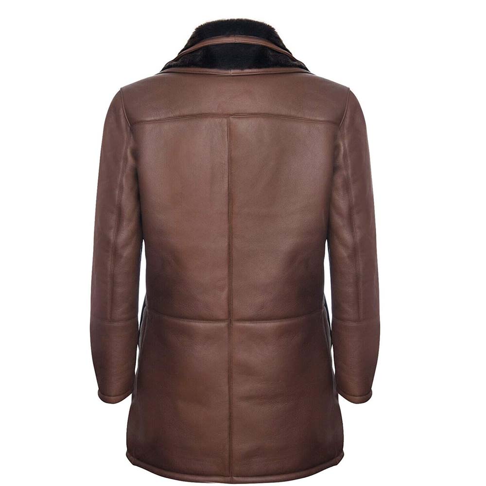 Mens Warm Brown Nappa Leather Shearling Sheepskin Trench Coat