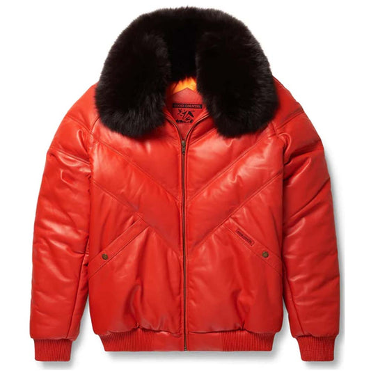 Mens Orange Leather V-Bomber Jacket