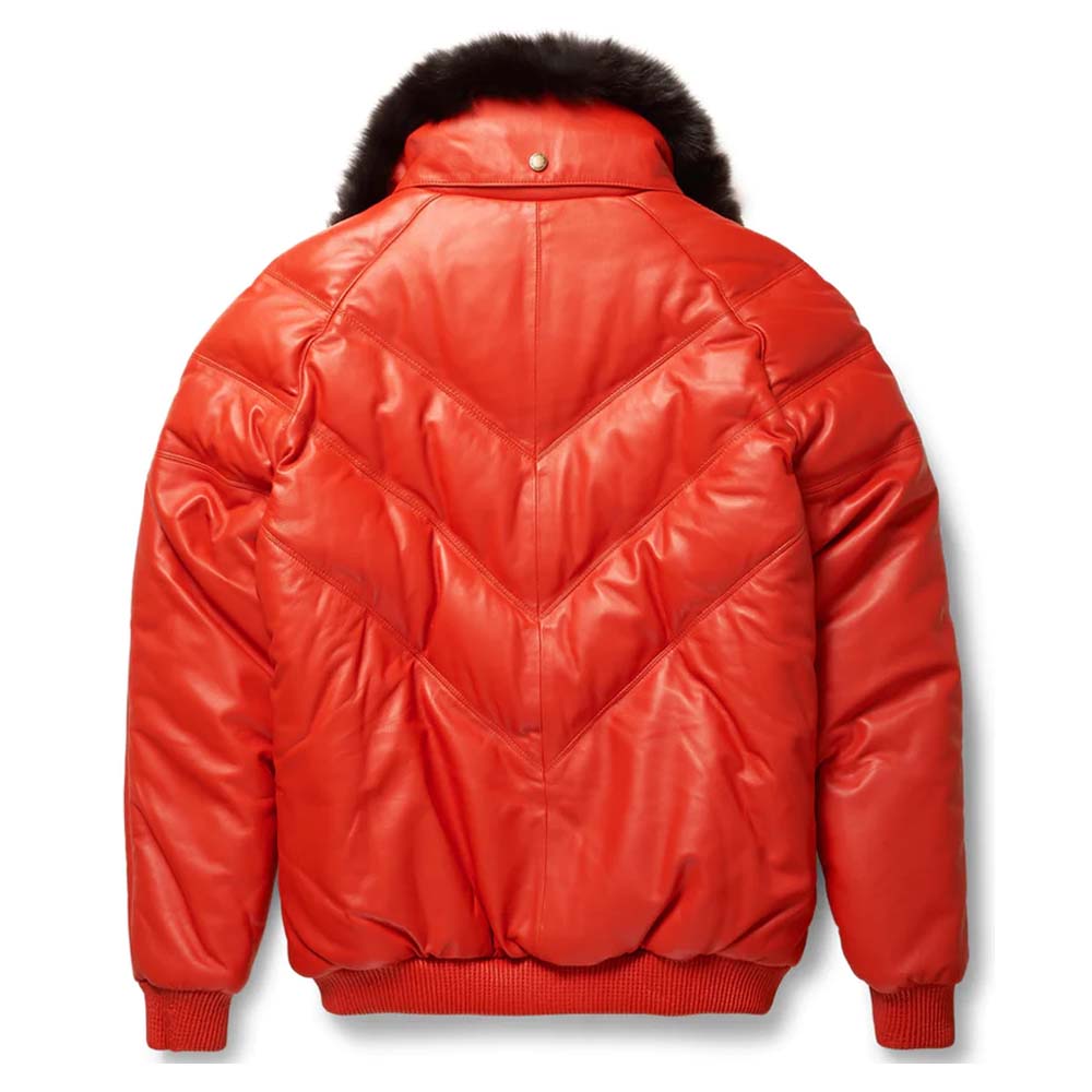 Mens Orange Leather V-Bomber Jacket