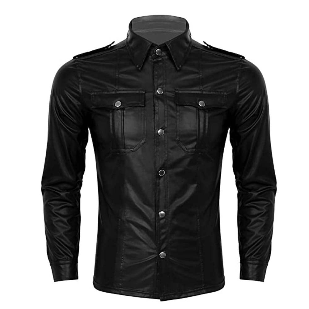 Mens Black Police Uniform Style Turn Down Collar Leather Shirt