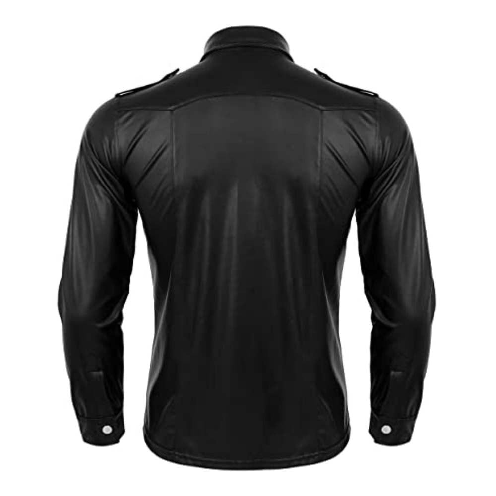 Mens Black Police Uniform Style Turn Down Collar Leather Shirt