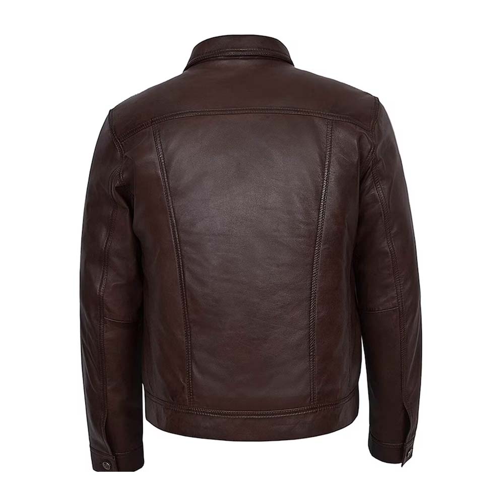 Men Genuine Brown Leather Trucker American Western Style Jacket