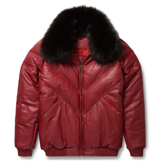 Mens Burgundy Leather V-Bomber Jacket
