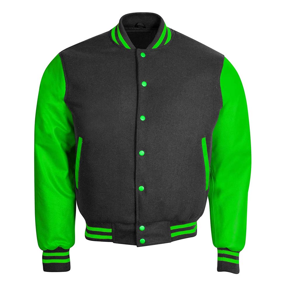 Mens Vintage Grey Wool Parrot Green Genuine Leather Jacket