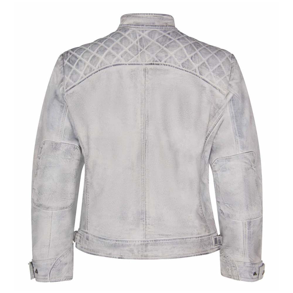 Men White Distressed Leather Motorcycle Jacket