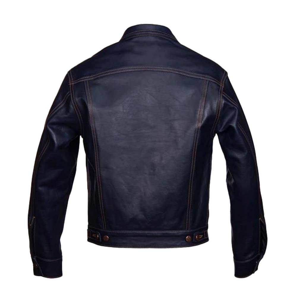 Navy Blue Cowhide Leather Trucker Jacket