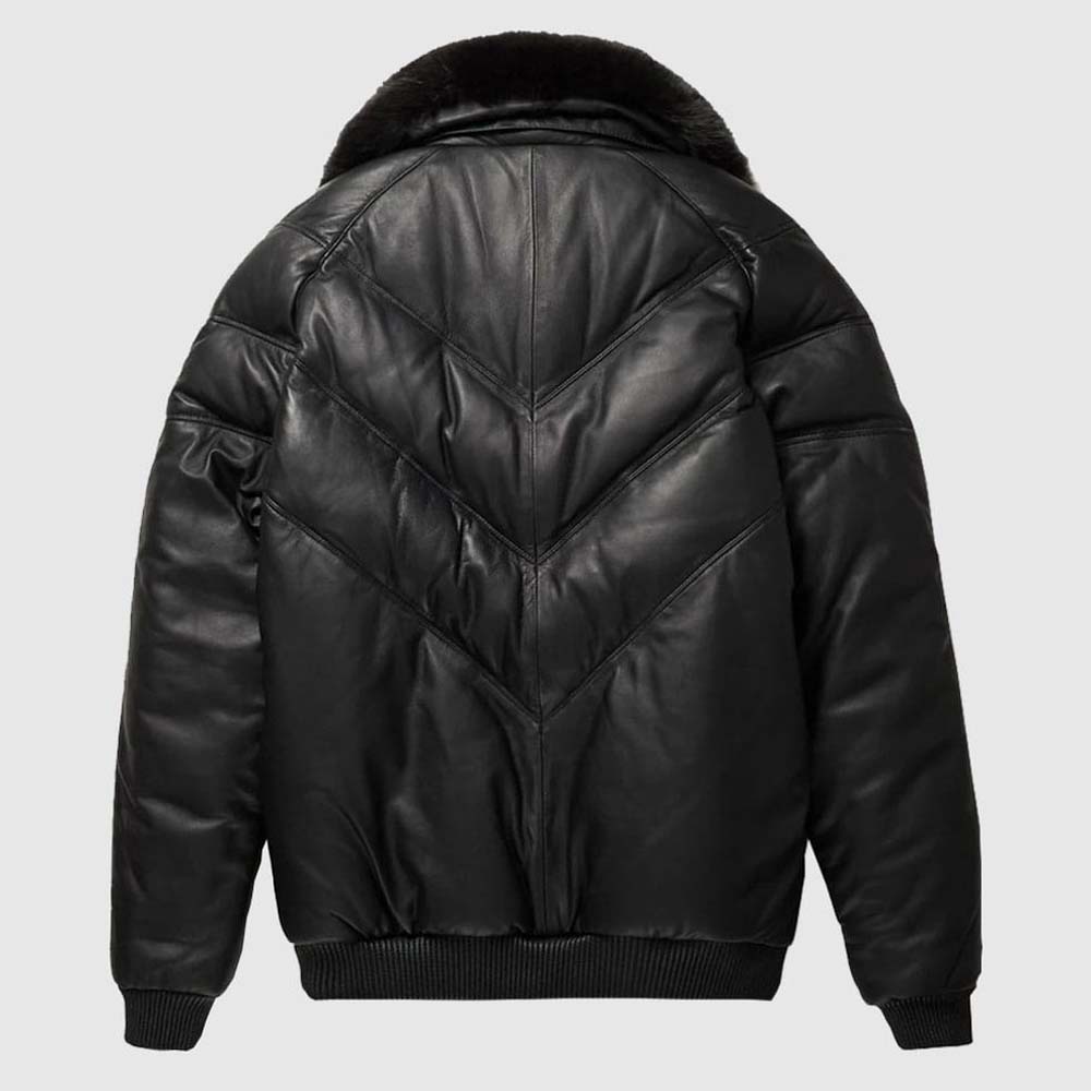 Leather V-Bomber Jacket Black with Black Fox Fur