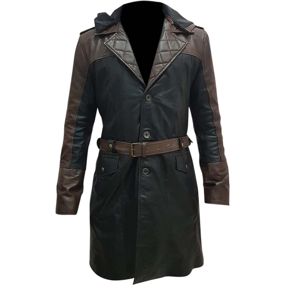 Mens Fashion Brown and Black Hoodie Leather Duster Coat
