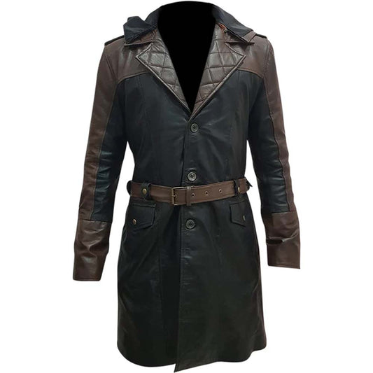 Mens Fashion Brown and Black Hoodie Leather Duster Coat