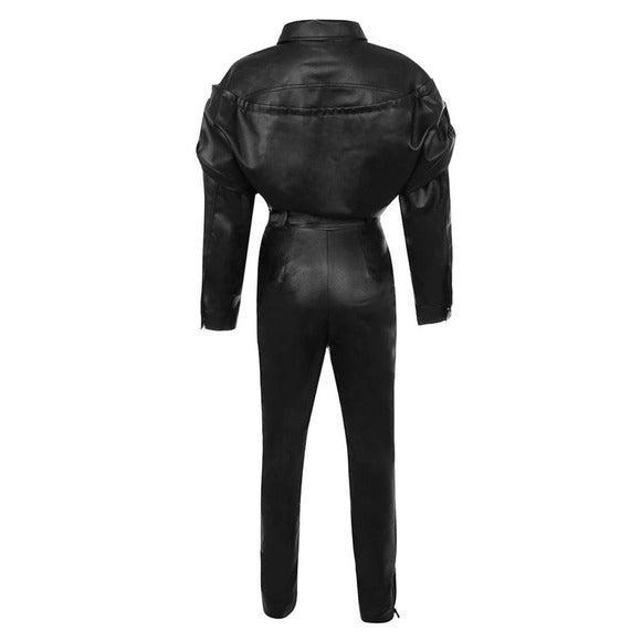 Womens Black Fashion Style Leather Jumpsuit