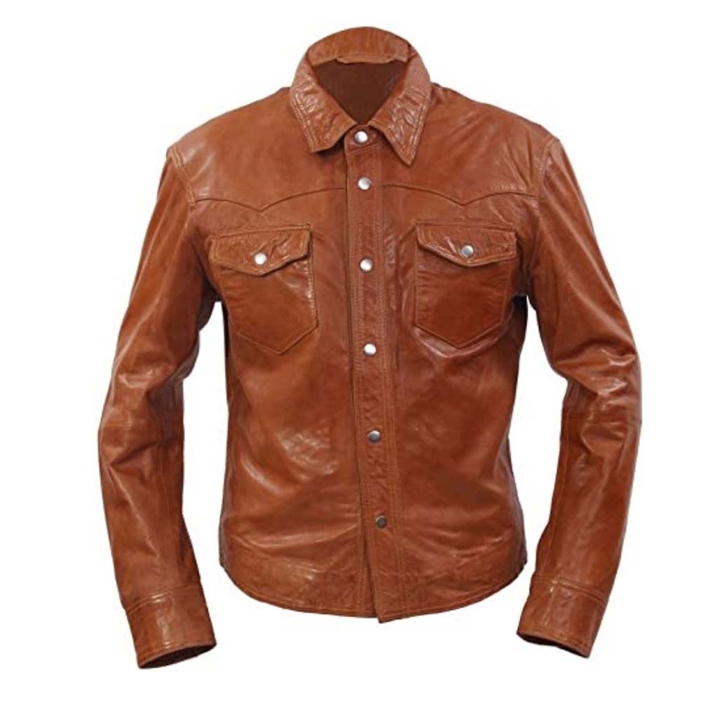 Mens Retro Tan Casual Leather Shirt