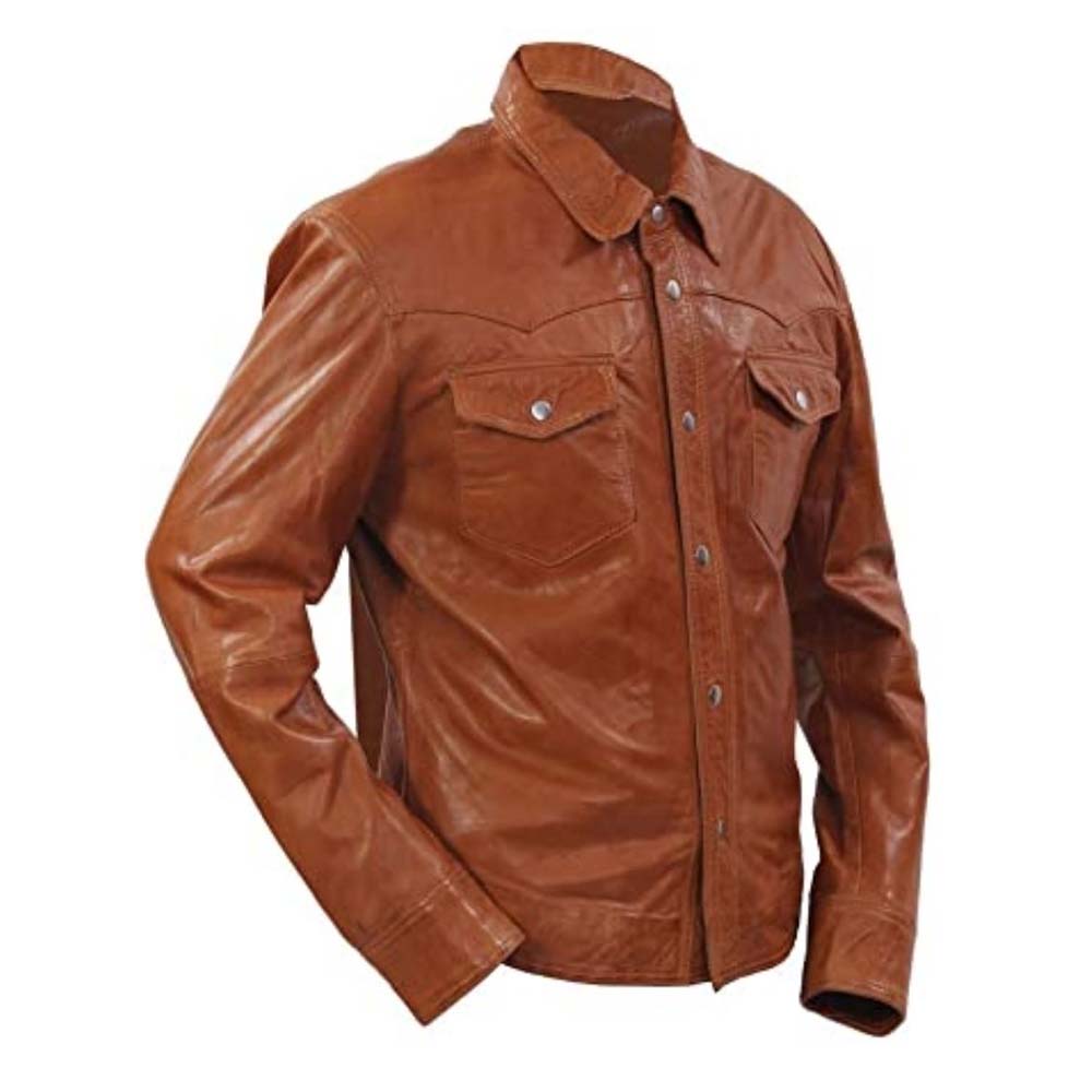 Mens Retro Tan Casual Leather Shirt