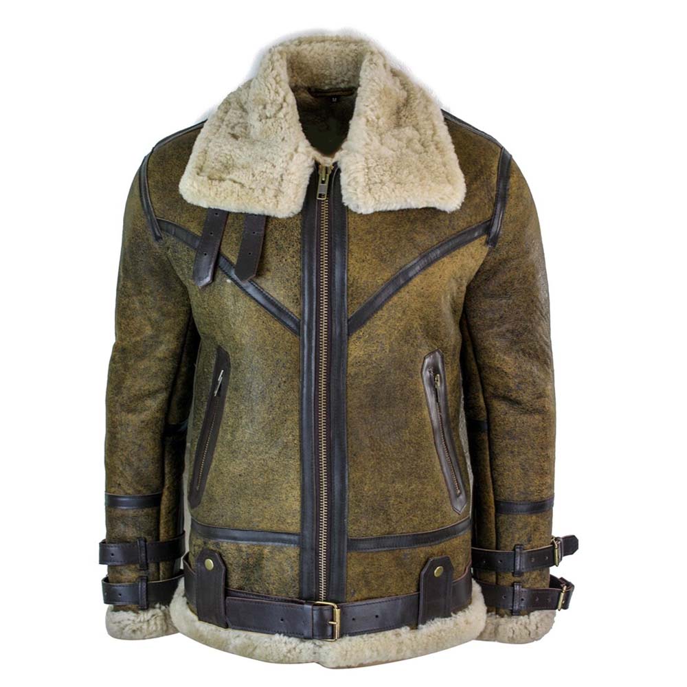 Mens shearling real sheepskin leather viking vintage brown jacket