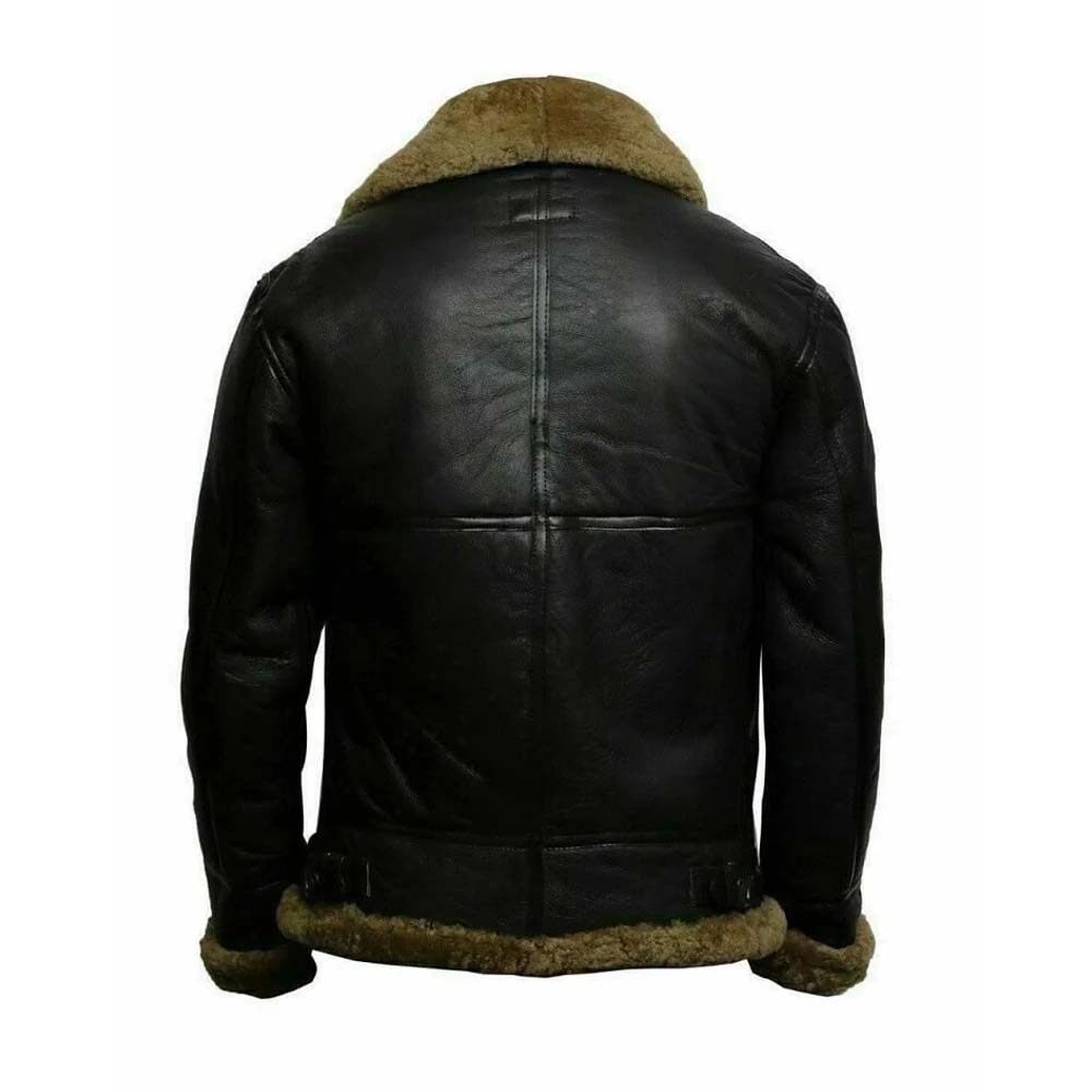Handmade Mens Black Ginger Fur Shearling Sheepskin Leather Jacket