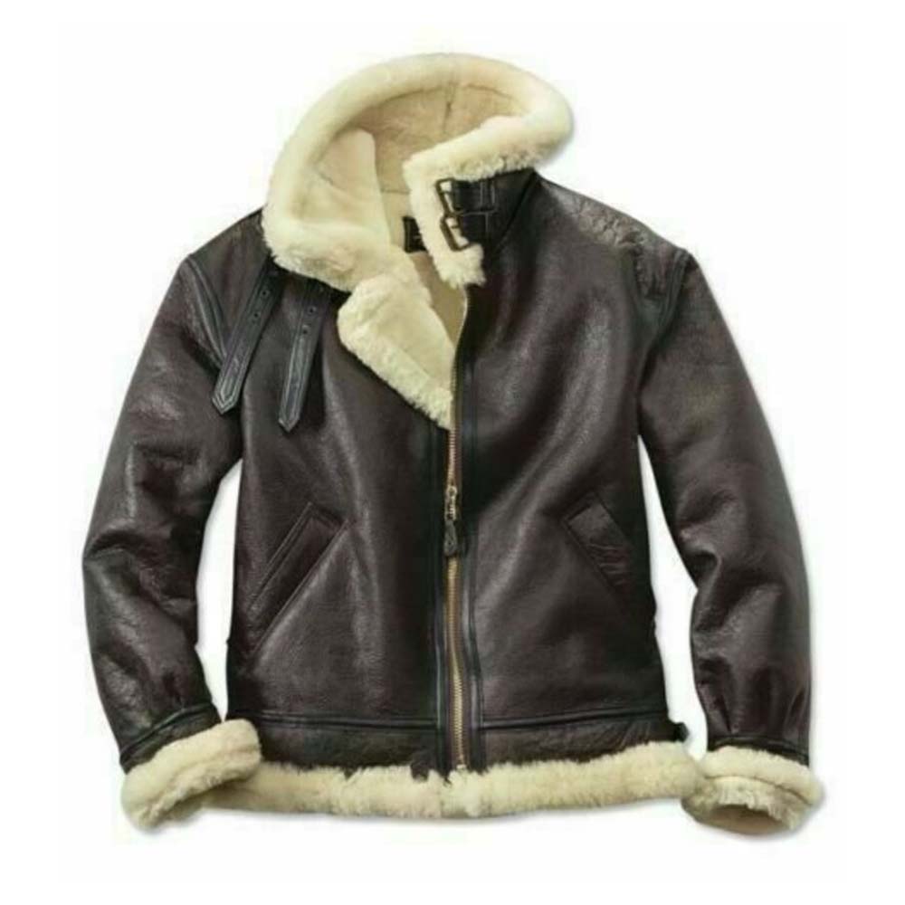 Mens Real Shearling Brown Sheepskin Leather Bomber Jacket