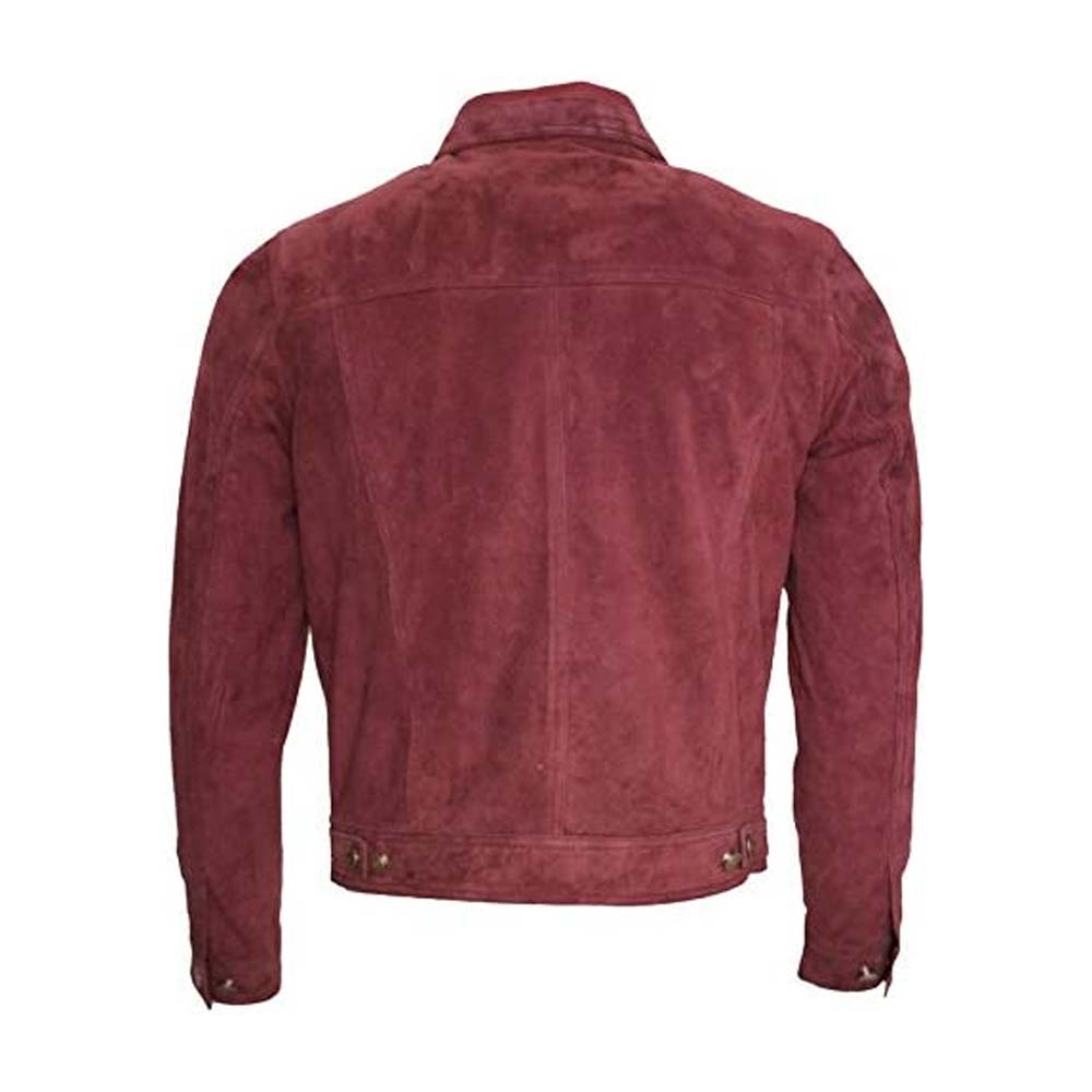 Mens Trucker Casual Burgundy Goat Suede Leather Jackets