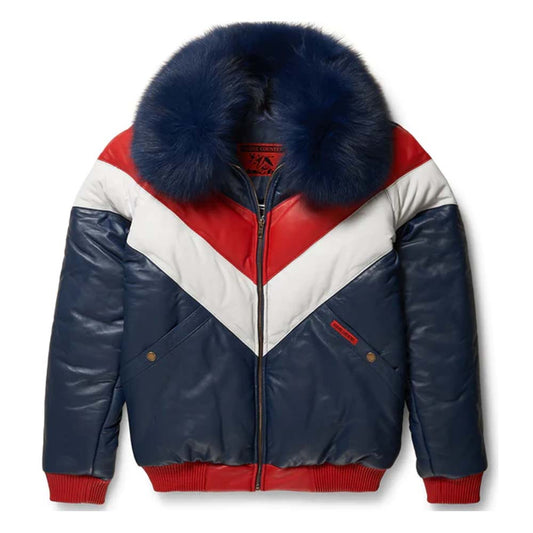 Mens Two-Tone Leather V-Bomber Jacket