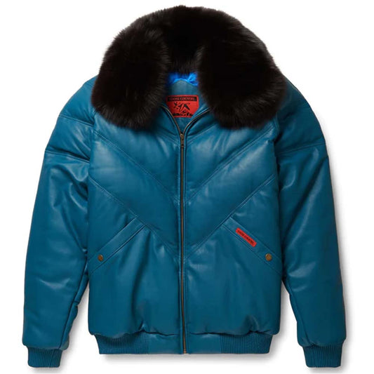 Mens Teal Leather V-Bomber Jacket
