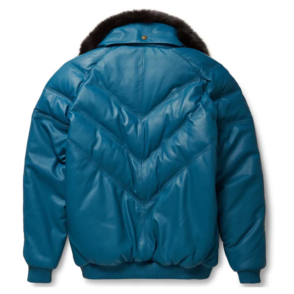 Mens Teal Leather V-Bomber Jacket
