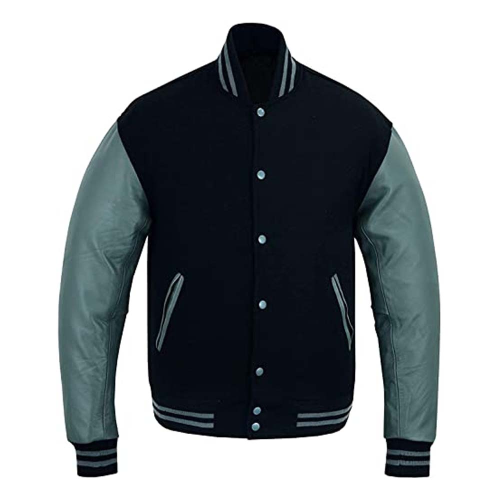 Mens Black Body and Grey Varsity Letterman Leather Jacket