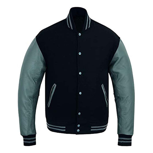 Mens Black Body and Grey Varsity Letterman Leather Jacket