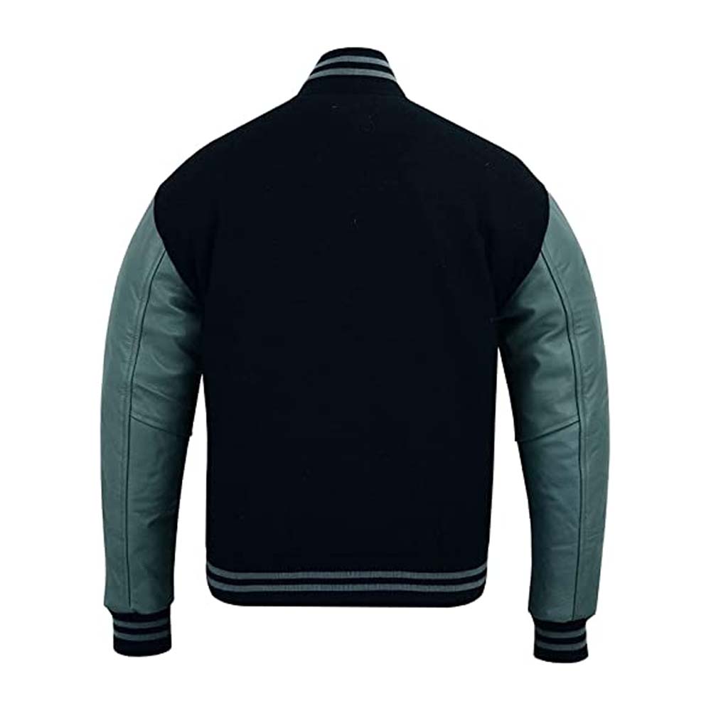 Mens Black Body and Grey Varsity Letterman Leather Jacket