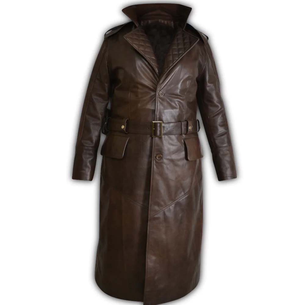 Mens Black Quilted Brown Long Hooded Genuine Leather Duster Coat