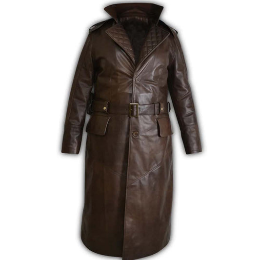 Mens Black Quilted Brown Long Hooded Genuine Leather Duster Coat