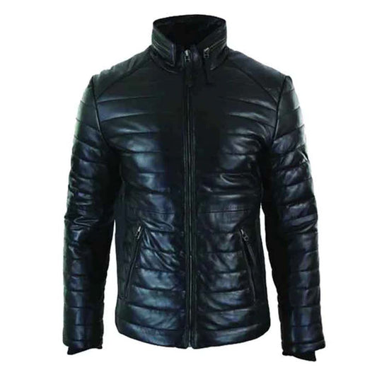 Mens Genuine Quilted Real Leather Puffer Zipped Black Jacket