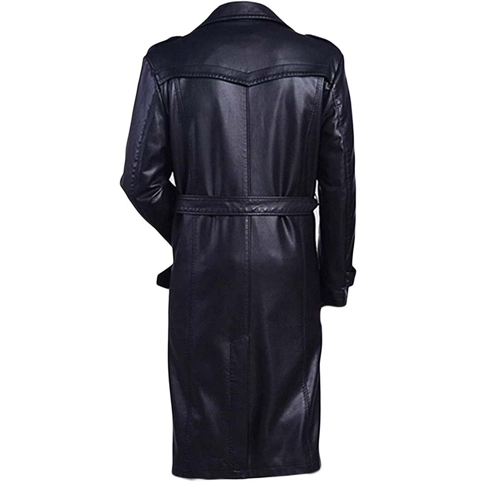 Mens Real Leather Double Breasted Long Length Trench Overcoat
