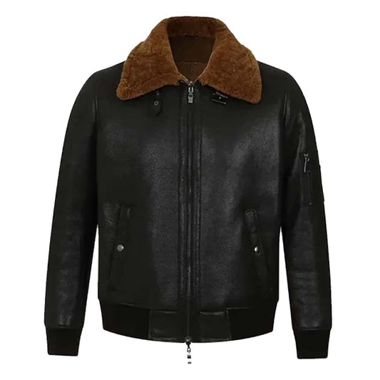 Mens Black Bomber Aviator Shearling  Leather Jacket