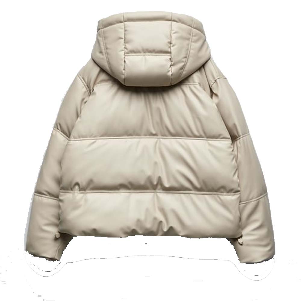 women Cream Colour Leather Puffer Jacket