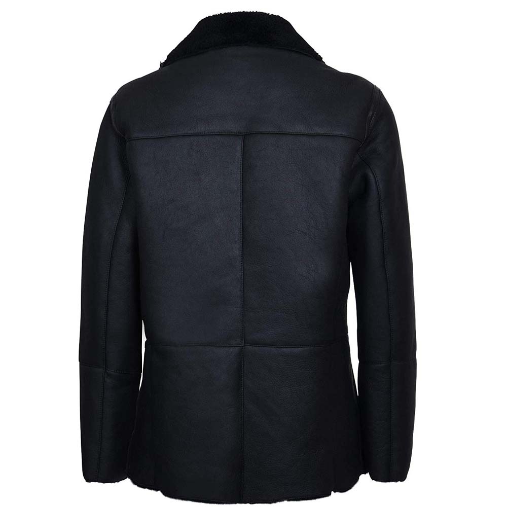 Mens Black Double Breasted Real Sheepskin Shearling Leather Coat