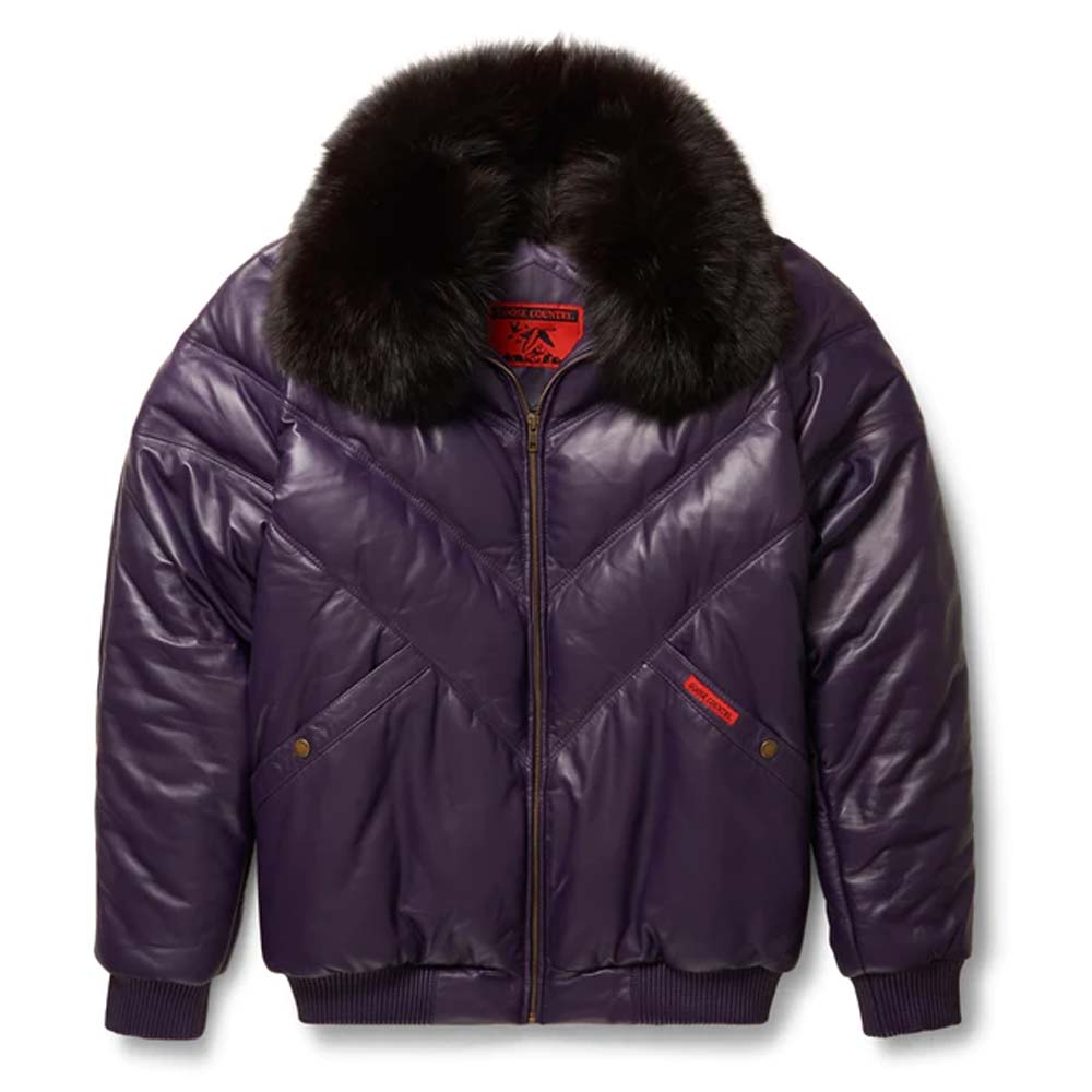 Mens Purple Leather V-Bomber Jacket