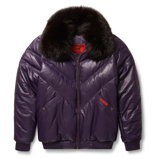 Mens Purple Leather V-Bomber Jacket